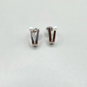 Tiny Sterling Silver Pearl J Hoop Post Earrings